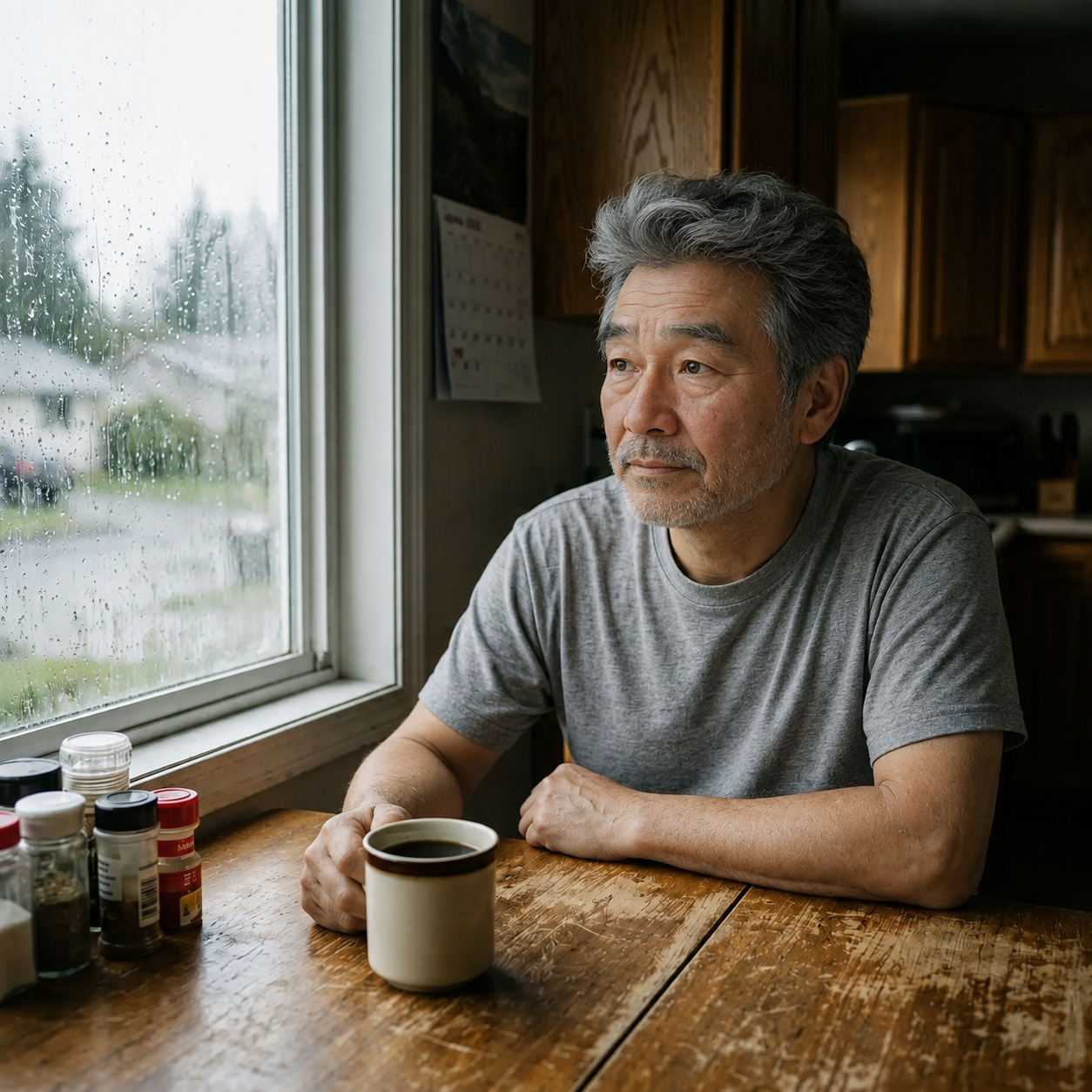 窓辺のキッチンでコーヒーを片手に考え込む男性